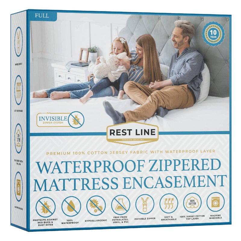 REST LINE PREMIUM BEDDING Full/Double 54x75â€ Premium Waterproof Zippered Mattress Encasement, 100% Cotton, Hypoallergenic, Six Sided Mattress Cover, Invisible Zippered, Soft Breathable up to 15" Deep - Rest Line - Image 1
